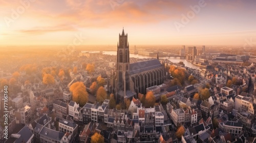 Super wide 360 degrees panoramic aerial view of the medieval Dutch centre of Utrecht with Inktpot building and cathedral towering
