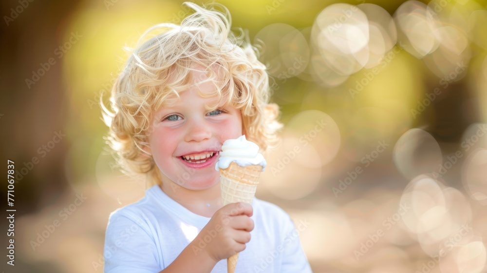 Child enjoying ice cream in urban park with blurred cityscape background copy space available Child enjoying ice cream in urban park with blurred cityscape background copy space available