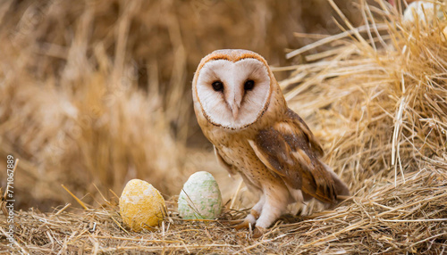 common barn owl ( Tyto albahead ) close up sitting photo