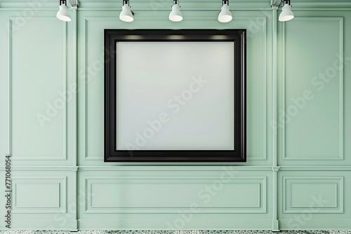An art gallery with soft, mint green walls and a single, oversized matte black frame mockup. Above, small, intense white spotlight lamps focus light directly on the frame, 