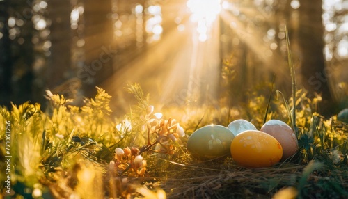 a haze sits in the sunlight or beams on a patch of grass inside the forest a medium shot of a easter wallpaper with easter eggs