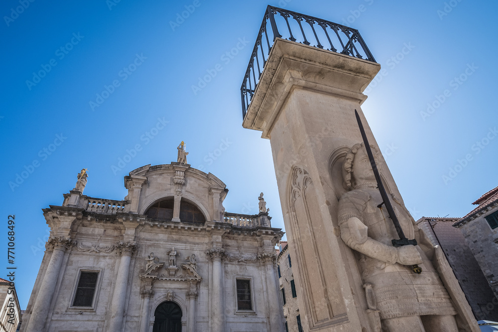 Orlando Column and Saint Blaise Church in Old Town of Dubrovnik city, Croatia