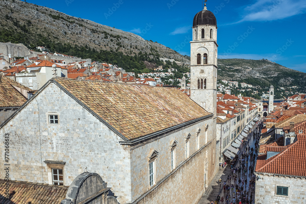 Franciscan Monastery and Stradun street seen from walls in Old Town of Dubrovnik, Croatia