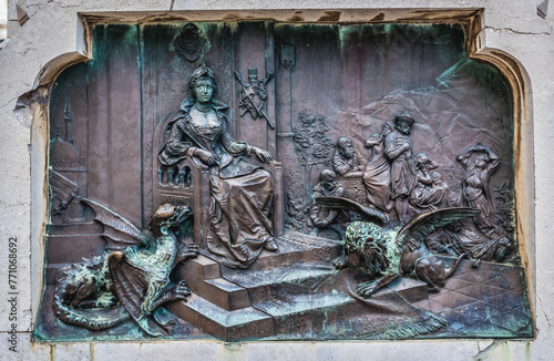 Details of base of statue of Ivan Gundulic from 1893 in Old Town of Dubrovnik city, Croatia photo