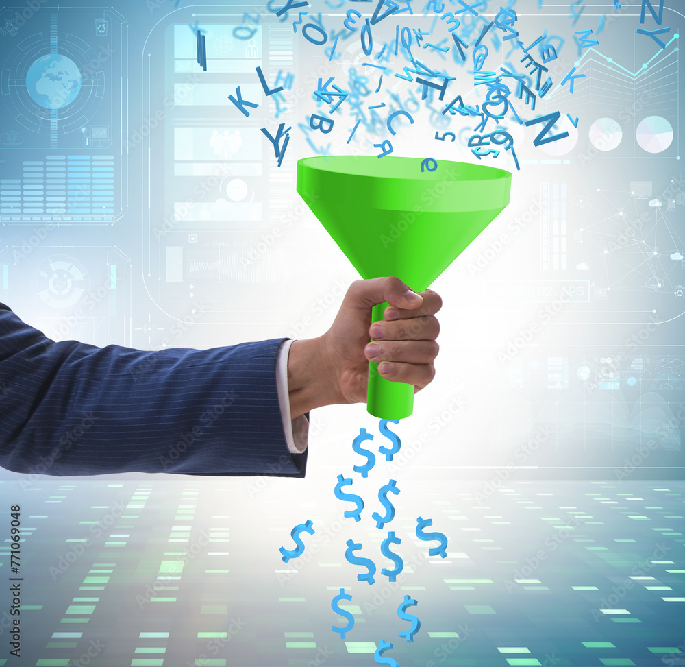 Data monetization concept with funnel and businessman