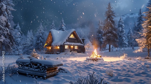 Use AI to craft an image of a tranquil snowy scene, highlighting a distant cabin radiating a cozy ambiance from its stylized fire pit