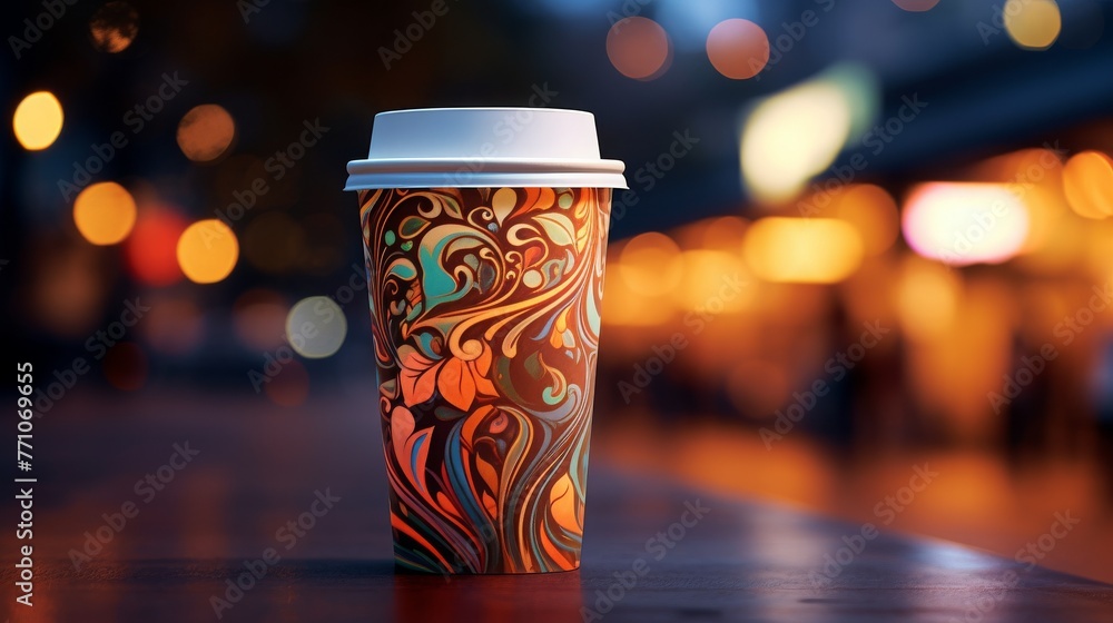 Decorative Coffee Cup on City Night Background Decorative Coffee Cup on City Night Background