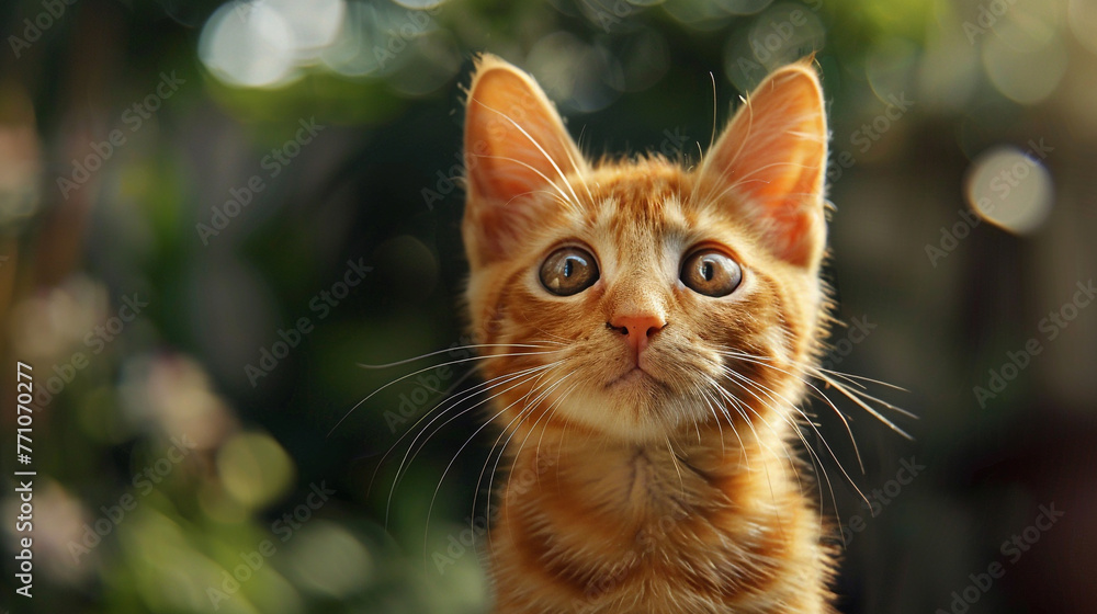 An adorable orange tabby cat with a tilted head and curious eyes.