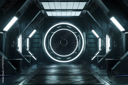 Empty dark room portrays modern futuristic sci fi ambiance, 3D
