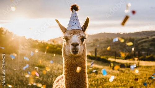 photo of a llama wearing a party hat and confetti