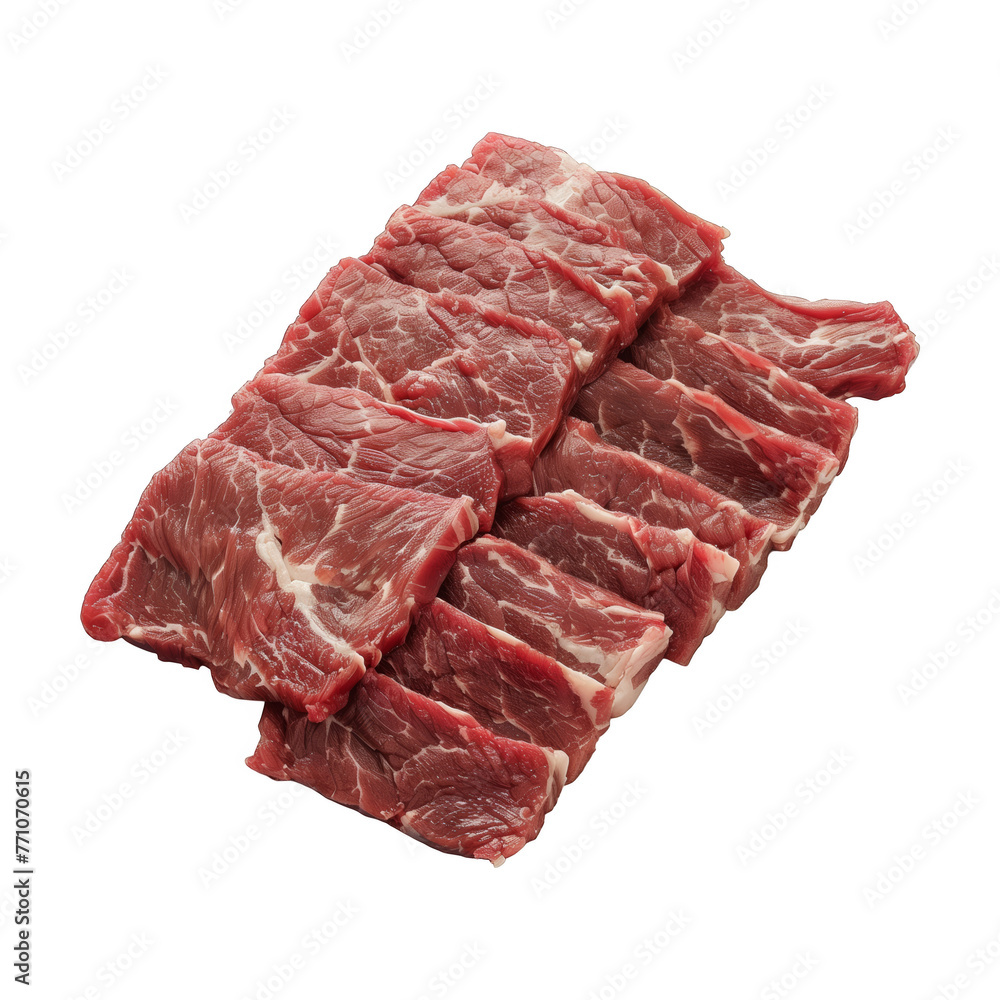 A pile of raw meat slices arranged on a white background, showcasing various cuts of beef.
