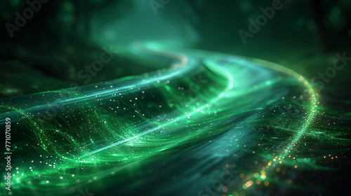 A green, curving road with a lot of sparkles. AI.
