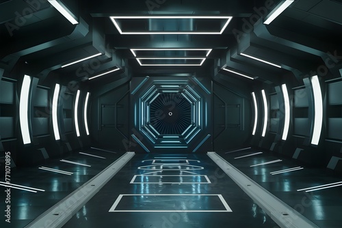 Empty dark room portrays modern futuristic sci fi ambiance, 3D