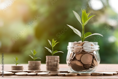 Plant grows in savings coins, symbolizing investment and interest