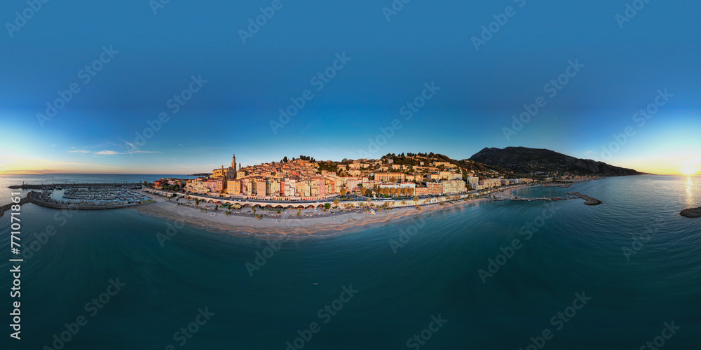 Aerial view of Mentorn, France on the Mediterranean Sea, French Riviera at sunrise from above in the  Alpes-Maritimes