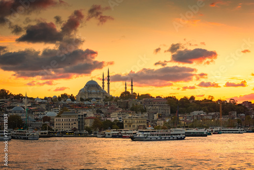 Amazing skyline of Istanbul at sunset with Suleymaniye Mosque,  Turkey