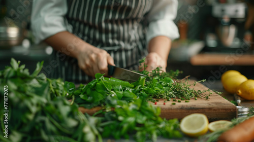 Female chef chopping vegetables and greens on a kitchen. Prepare healthy meal. Organic ingredients for vegetarian dinner, Style of soft focus. Ecological products.