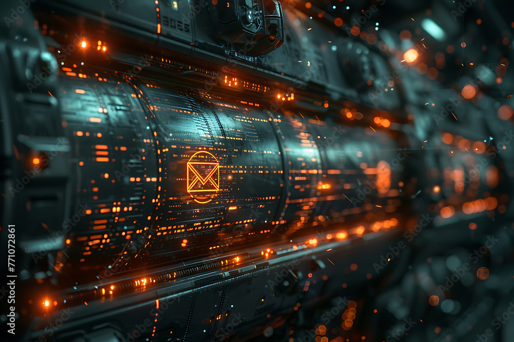 Email enveloped in layers of digital encryption, ensuring secure transmission of sensitive information, illustrated with intricate digital patterns and symbols
