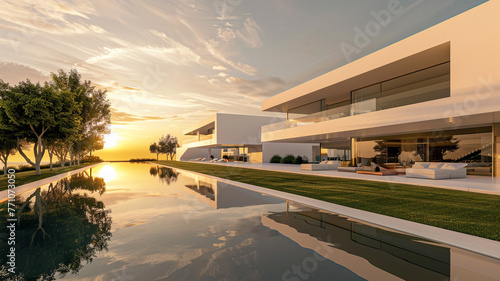 Elegant white structure with sweeping lawns and a pristine pool, under the golden light of dawn, reflecting the pinnacle of modern architecture.