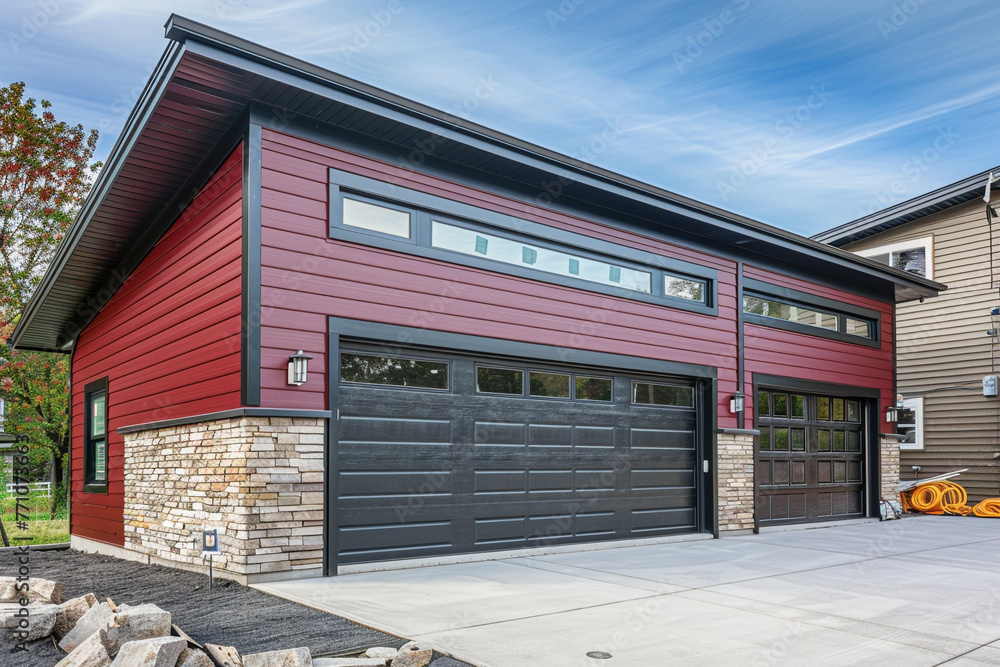 Modern luxury home, freshly constructed, with a two-car garage, framed by vibrant ruby red siding and complemented by natural stone wall trim.