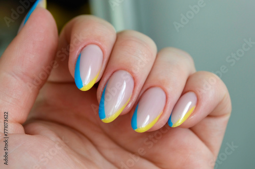 Ukrainian Design Gel Nails Polish. Yellow and Blue French Manicure. 