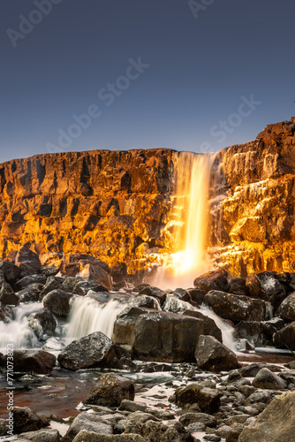Landscape of Oxararfoss waterfall in Thingvellir National Park,  Iceland. Oxararfoss waterfall is the famous waterfall attracting tourist to visit Thingvellir located in route of Iceland Golden Circle