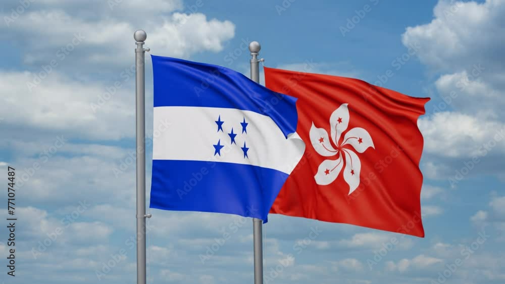 Hong Kong and Honduras two flags waving together, looped video, two country relations concept Hong Kong and Honduras two flags waving together, looped video, two country relations concept