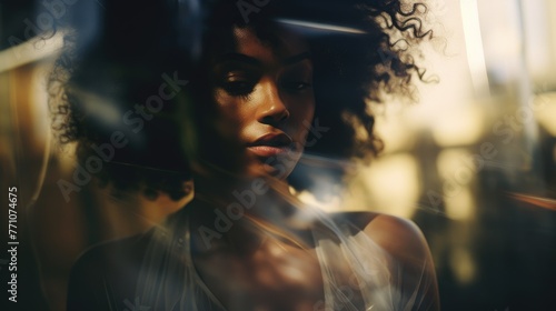 black afro Street dreamy photo sad woman model window looking at camera portrait reflection glare © Wiktoria