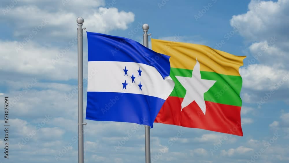 Myanmar aka Burma and Honduras two flags waving together, looped video, two country relations concept Myanmar aka Burma and Honduras two flags waving together, looped video, two country relations concept