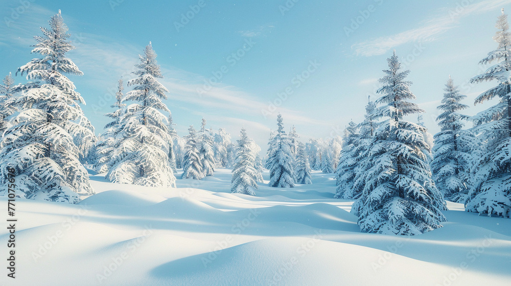 Tranquil Winter Wonderland: Snow-Covered Trees and Fields