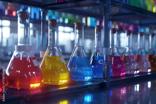 Colorful glass flasks with vivid solutions in a chemical laboratory. Medical research, pharmaceutical discovery. and science concept.