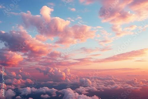 Gorgeous view of pink cumulus clouds at sunrise from high altitude flight in the morning photo