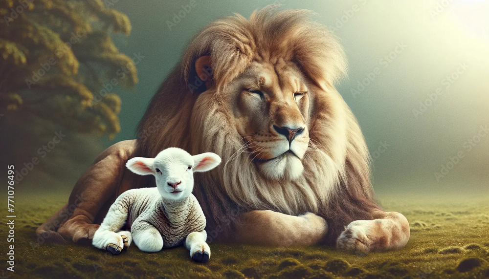 A lion laying with a lamb in a peaceful setting depicting harmony and tranquility A lion laying with a lamb in a peaceful setting depicting harmony and tranquility
