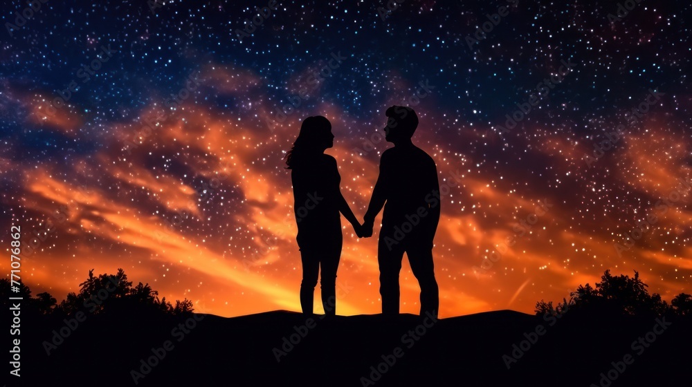 The silhouette of a lovers pair who looks at the night sky. A conceptual illustration of the silhouettes of people watching the cosmos.