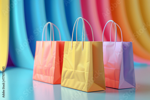 3D paper bags with a background of ping. The idea of online shopping Illustration of a 3D render.