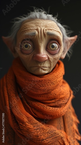 3D portrait of a wrinkled old ice queen with big eyes in a orange scarf on a black background --ar 9:16 --quality 0.5 Job ID: f087fd45-5661-4b98-bc0e-25189eb89c3c © Zhanna