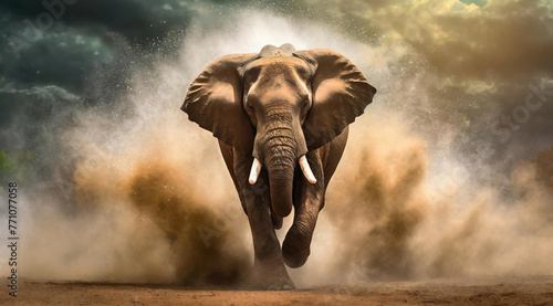 Eléphant africain courant dans un nuage de poussières photo