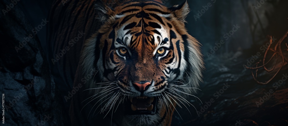 Φωτογραφία A closeup of a Siberian tigers face in the dark, showcasing its liquid eyes, whi
