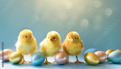 three cute yellow chicks and colorful easter eggs on blue background easter card banner space for text at the top