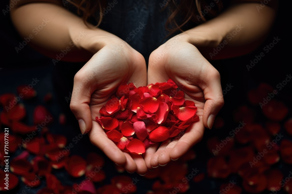 A person delicately holds a heart in their hands, surrounded by scattered rose petals, symbolizing love and care. Generative AI A person delicately holds a heart in their hands, surrounded by scattered rose petals, symbolizing love and care. Generative AI