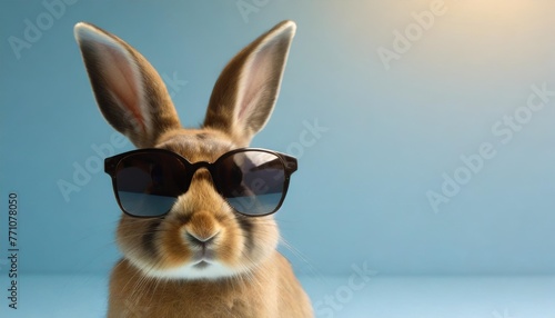 sweet easter bunny wearing black sunglasses on blue background with empty copy space