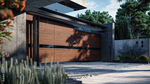 An innovative main gate featuring a sliding mechanism that retracts seamlessly into the wall, maximizing space and creating a sleek and uncluttered entrance to the modern house in photo