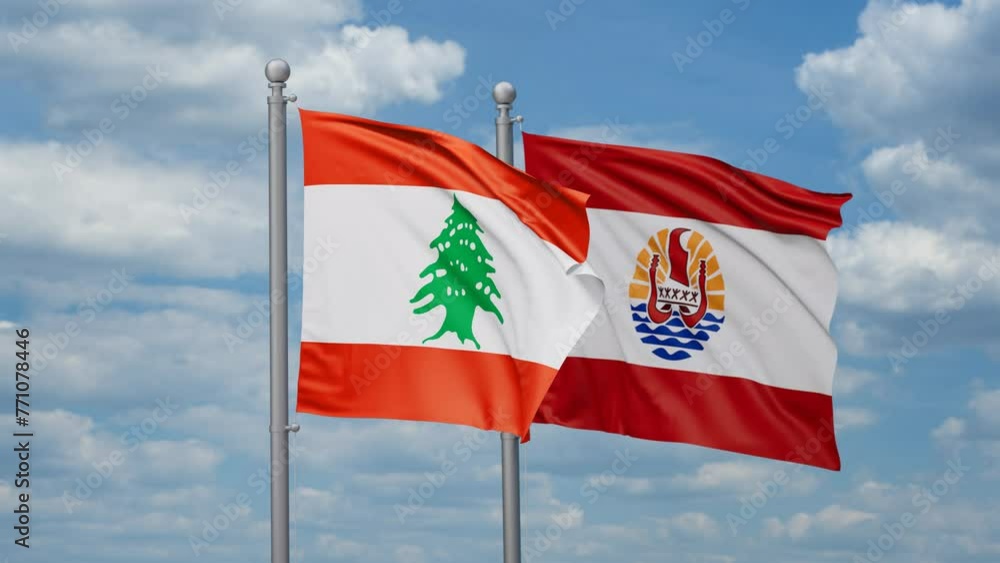 French Polynesia and Lebanon two flags waving together, looped video, two country relations concept French Polynesia and Lebanon two flags waving together, looped video, two country relations concept