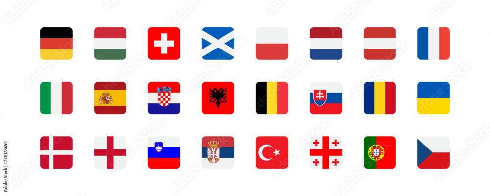 Euro 2024 Germany. European football tournament group qualified flag country. Euro 2024 Germany. European football tournament group qualified flag country.