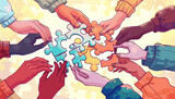 Solving Challenges Together: A puzzle-themed illustration with diverse hands working together to solve a complex puzzle, representing teamwork and collective effort
