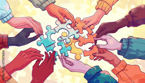 Solving Challenges Together: A puzzle-themed illustration with diverse hands working together to solve a complex puzzle, representing teamwork and collective effort photo
