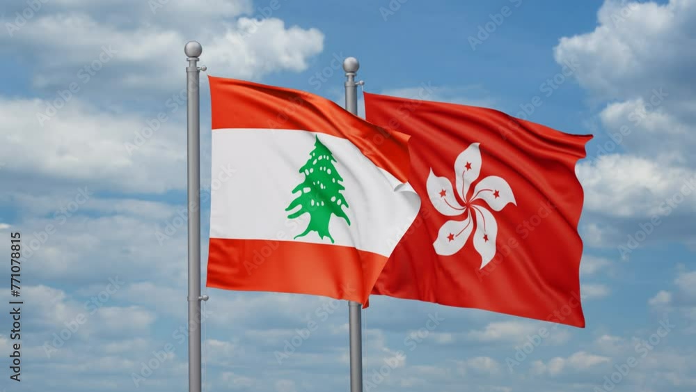 Hong Kong and Lebanon two flags waving together, looped video, two country relations concept Hong Kong and Lebanon two flags waving together, looped video, two country relations concept