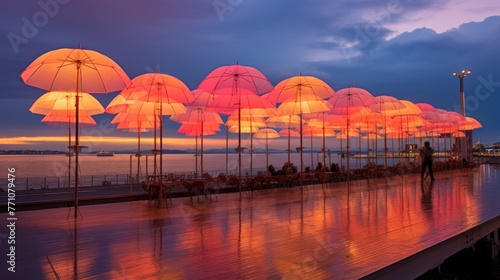 The "Umbrellas" Installation at the New Waterfront of Thessaloniki During sunset.