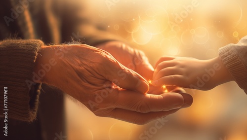 Old Man and Child Holding Hands, Light Gold, Light Brown Pattern, Generational Connection, Life and Hope Concept
