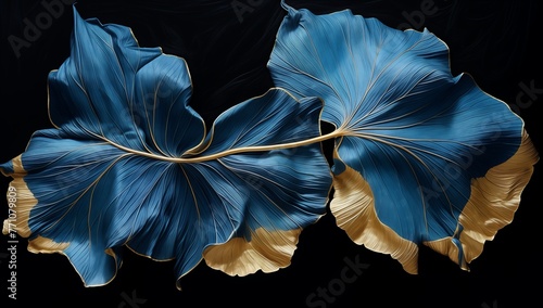 Gold and Blue Leaves on Black Background, Natural Contrast in Botanical Composition